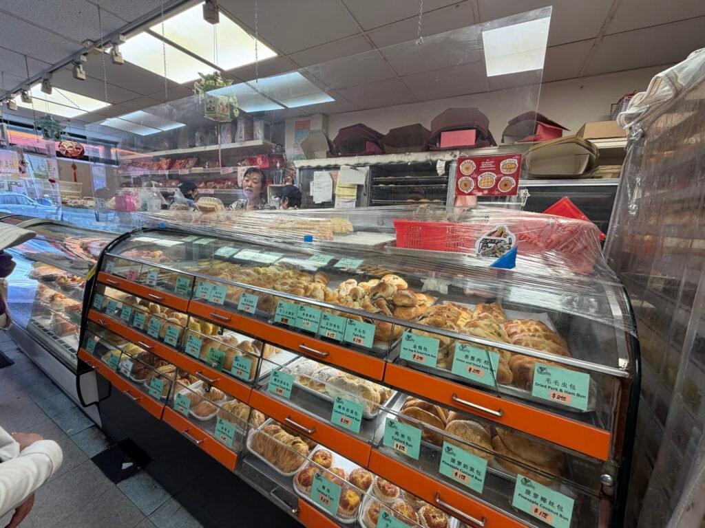 Pastry display case inside AA Bakery and Cafe Chinatown San Francisco